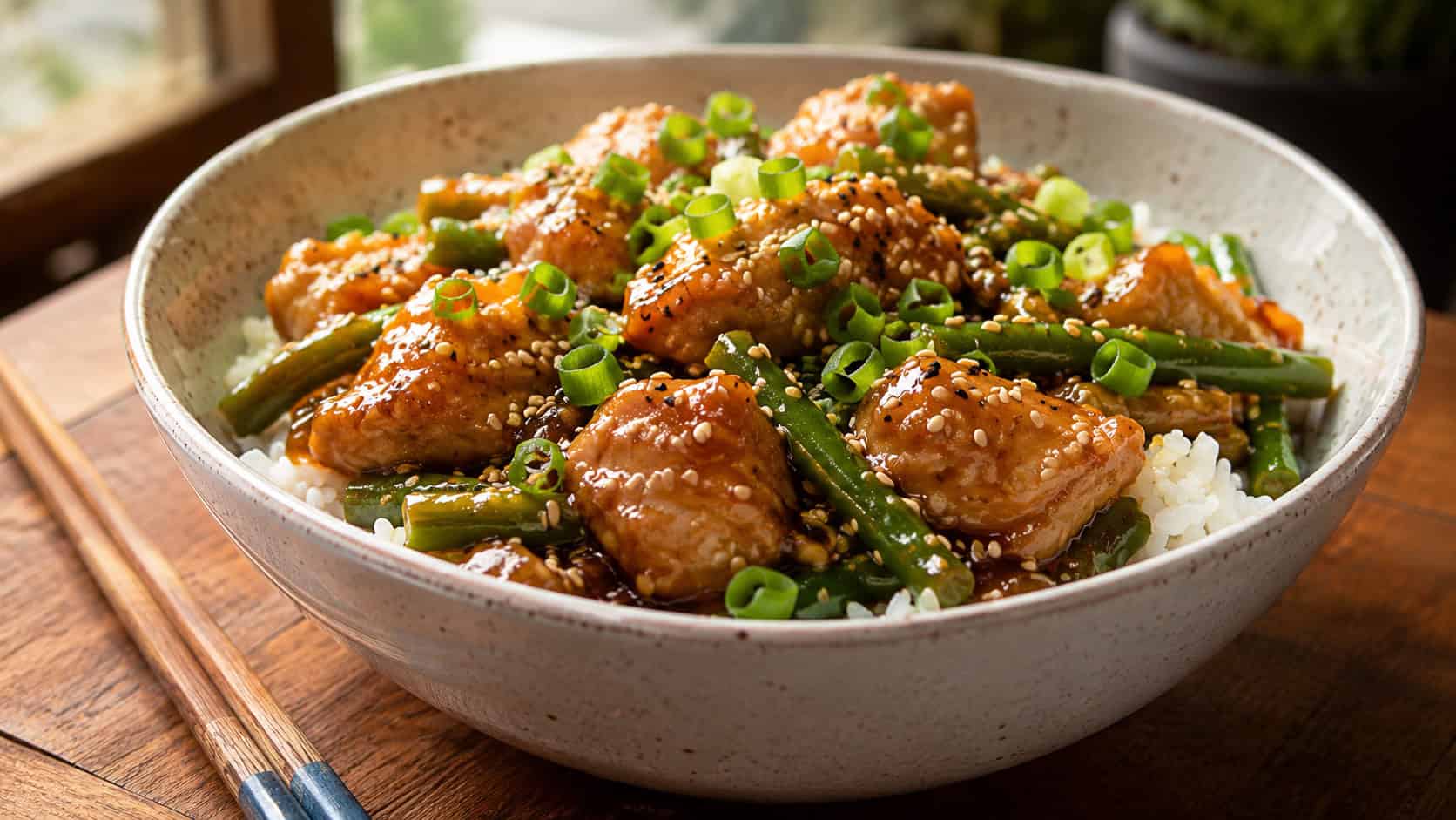 sesame chicken and green beans over rice in a wide horizontal shot, glossy amber sauce, heavy scatter of toasted sesame seeds and scallions, chopsticks beside the bowl, warm natural light, shallow depth of field, landscape orientation