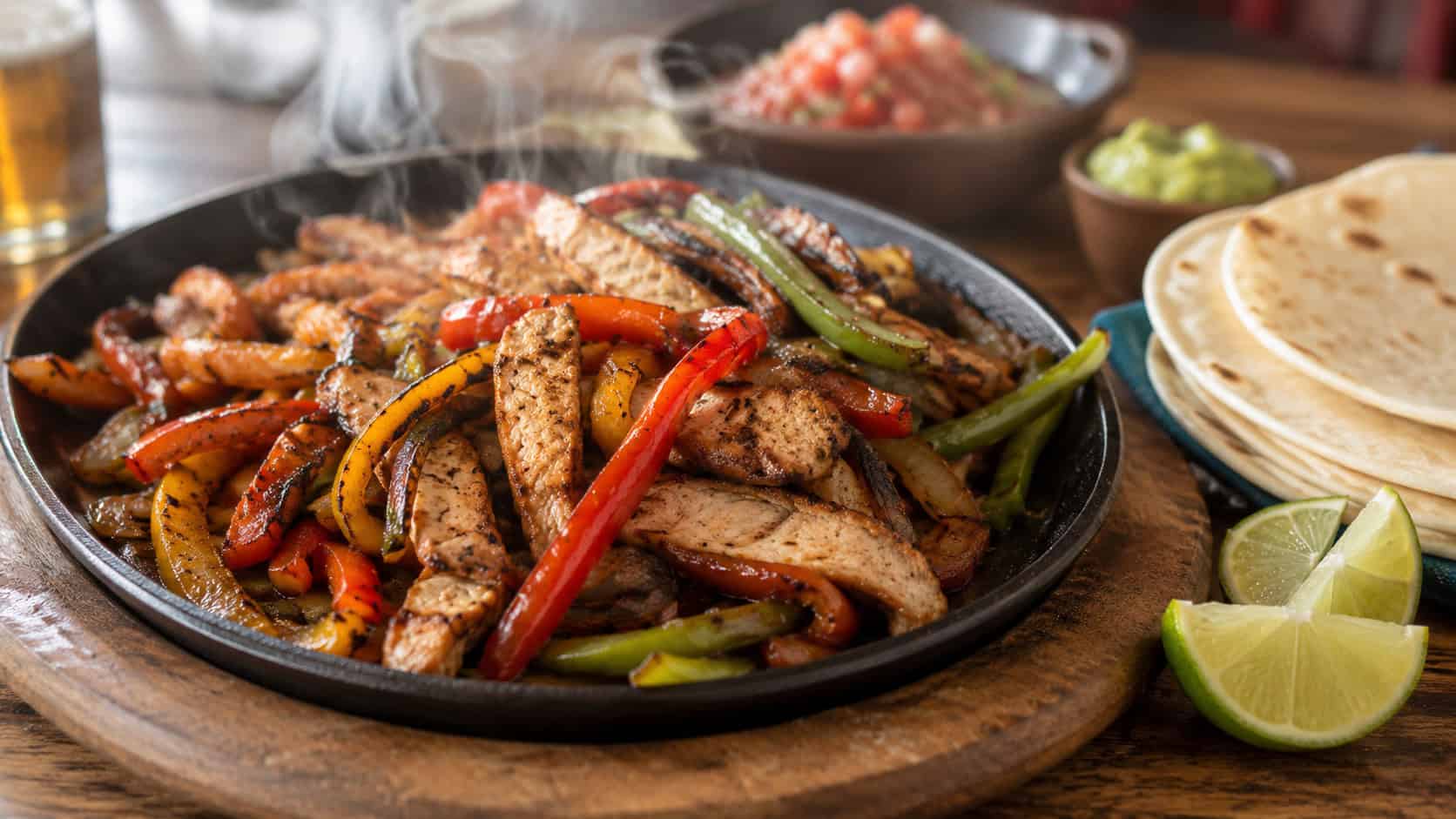 sizzling chicken fajitas with peppers and green beans on a cast iron platter in a wide horizontal shot, charred edges, steam rising, warm tortillas and lime wedges alongside, warm natural light, shallow depth of field, landscape orientation