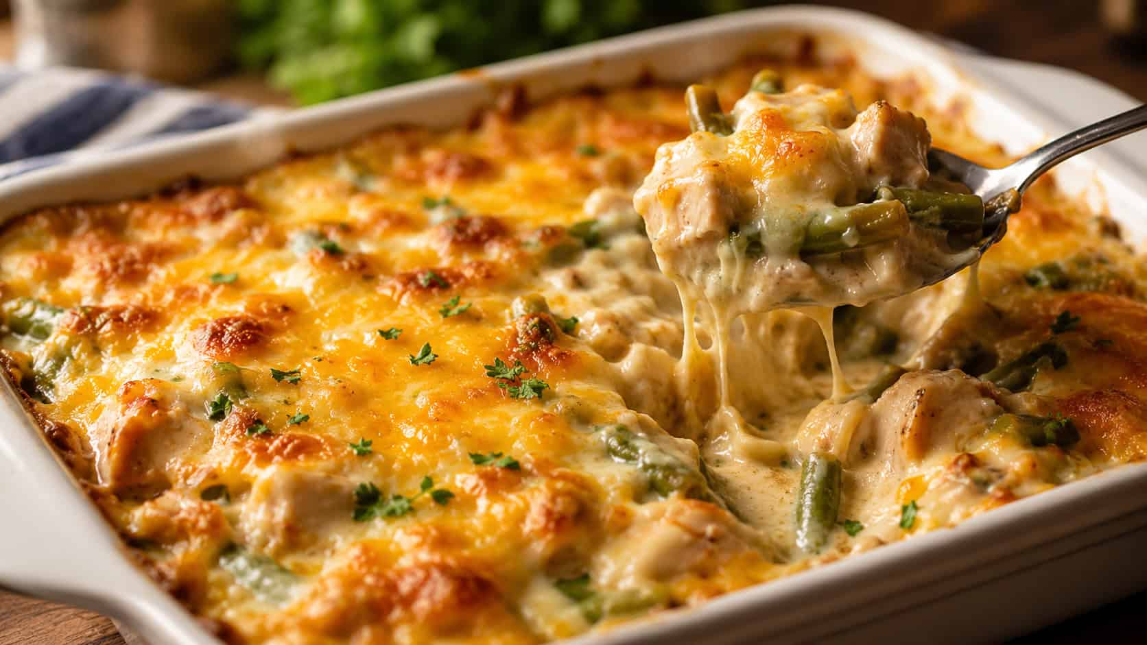 a cheesy chicken and green bean bake in a dish in a wide horizontal shot, golden bubbling cheese, creamy sauce peeking through, a spoonful lifted out, cozy warm light, shallow depth of field, landscape orientation