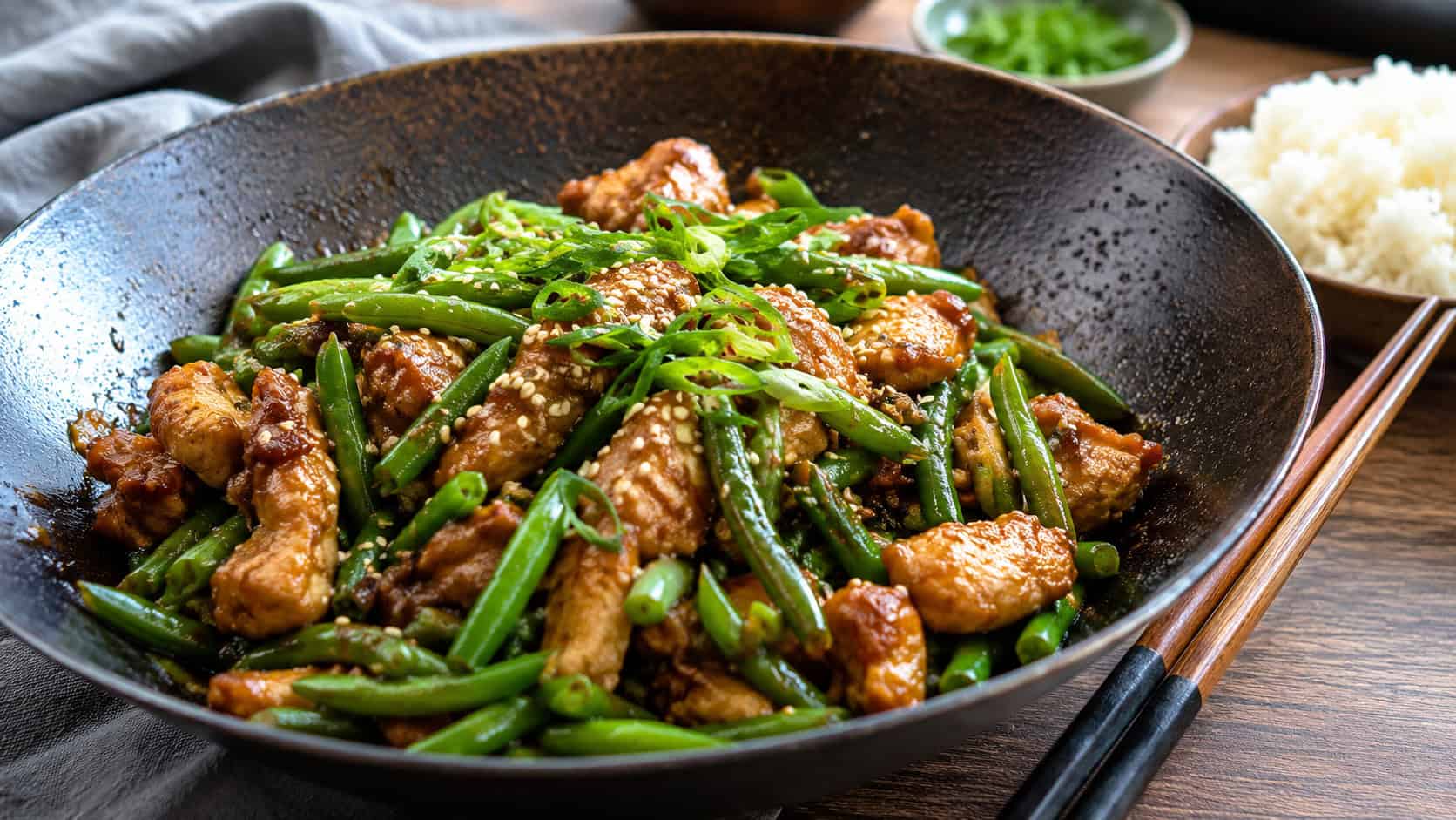 chicken and green bean stir-fry in a wok-style bowl in a wide horizontal shot, glossy ginger-soy glaze, sesame seeds and scallions on top, chopsticks and rice nearby, warm natural light, shallow depth of field, landscape orientation