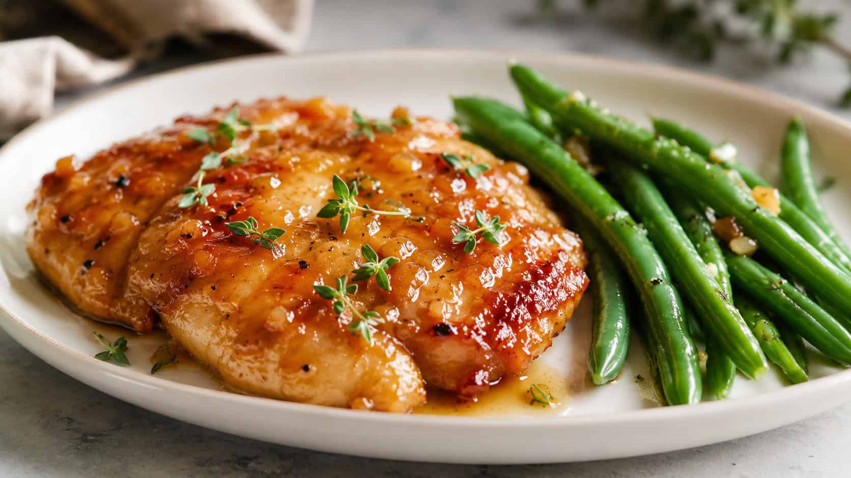 apricot glazed chicken with green beans on a plate in a wide horizontal shot, glossy amber glaze, bright green beans, fresh thyme garnish, soft natural light, shallow depth of field, landscape orientation