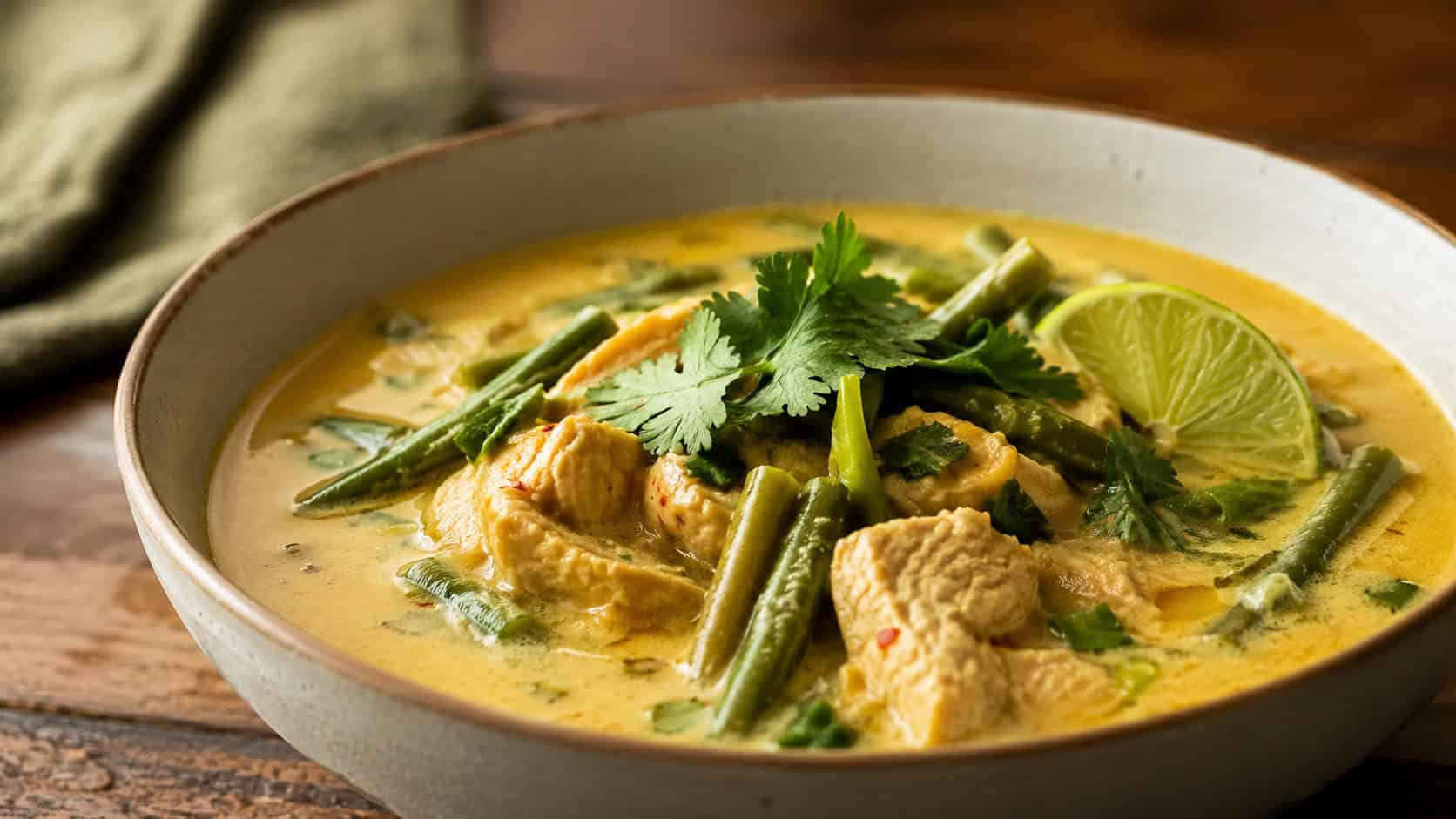 a bowl of curried chicken and green bean soup in a wide horizontal shot, golden creamy coconut broth, tender chicken and green beans, cilantro and lime wedge on top, warm cozy light, shallow depth of field, landscape orientation