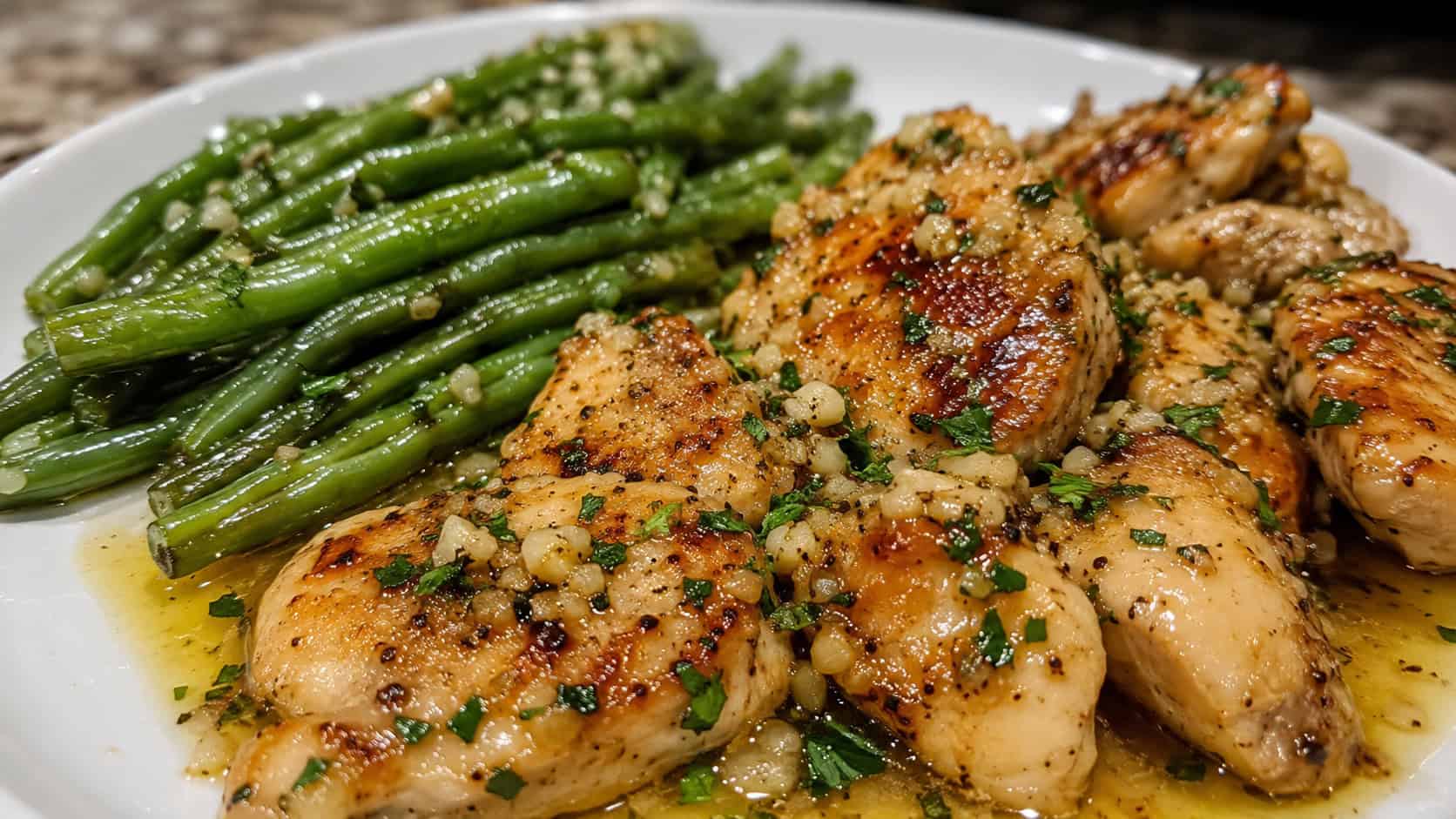 garlic butter chicken and green beans on a plate in a wide horizontal shot, glistening butter sauce pooling, minced garlic and parsley flecks, golden seared chicken, soft natural light, shallow depth of field, landscape orientation