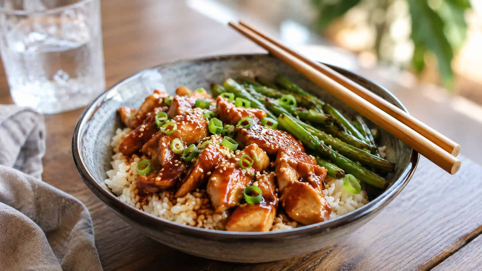 a teriyaki chicken and green bean rice bowl in a wide horizontal shot, glossy glazed chicken over white rice, sesame seeds and scallions on top, chopsticks resting on the bowl, warm natural light, shallow depth of field, landscape orientation