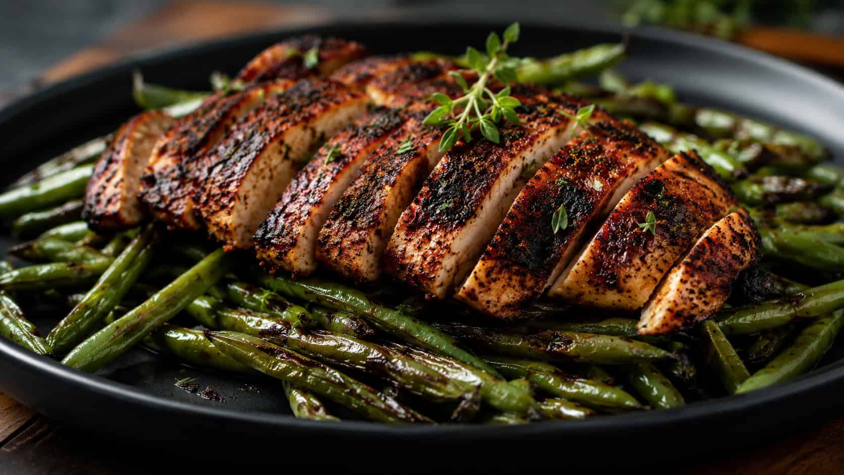 Cajun blackened chicken sliced over charred green beans on a dark plate in a wide horizontal shot, smoky char marks, paprika dusting, fresh thyme garnish, moody natural light, shallow depth of field, landscape orientation