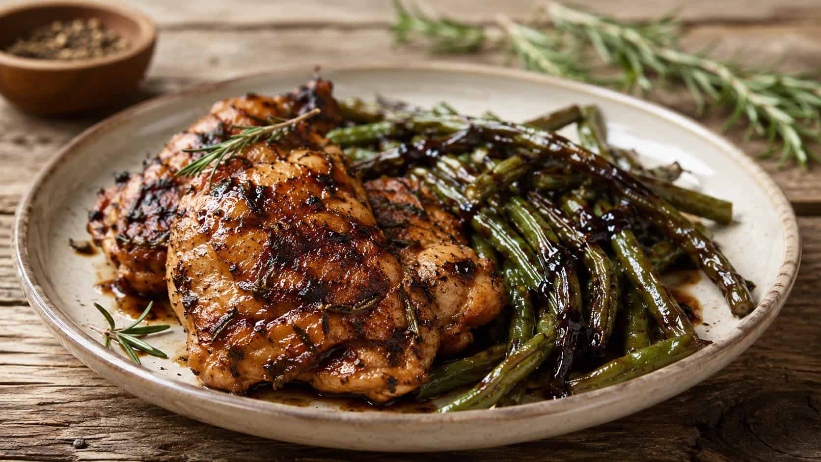 rosemary chicken with balsamic glazed green beans on a rustic plate in a wide horizontal shot, glossy dark balsamic coating, sprigs of rosemary, weathered wood table, warm natural light, shallow depth of field, landscape orientation