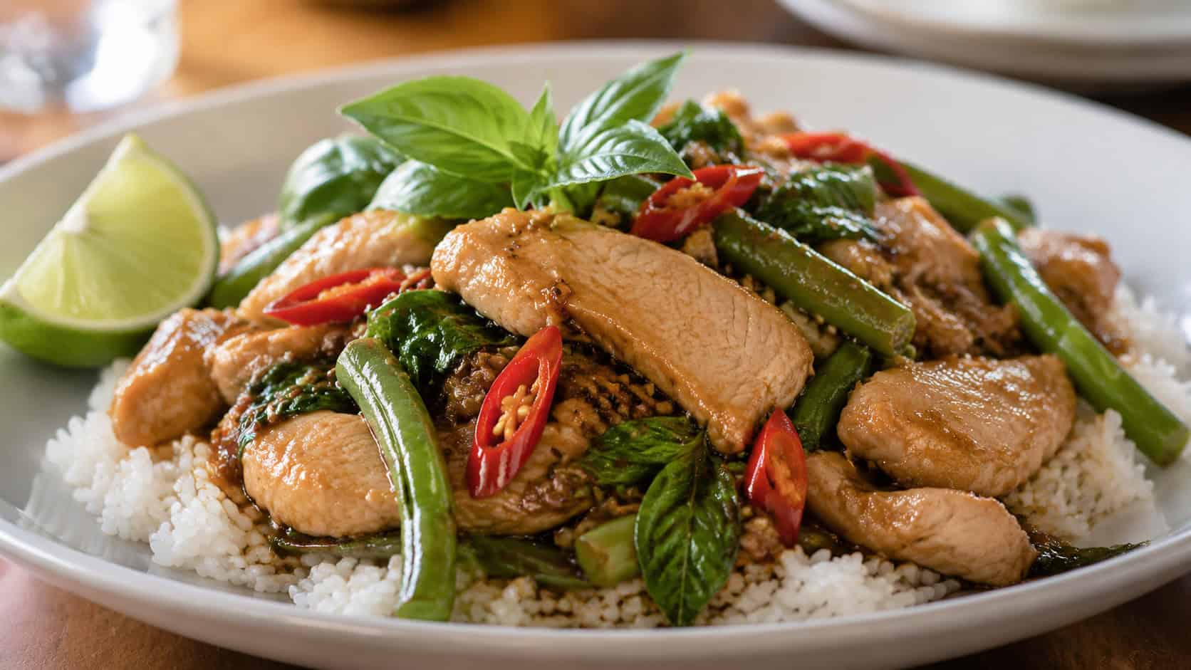 Thai basil chicken with green beans over jasmine rice in a wide horizontal shot, glossy savory sauce, fresh basil leaves and red chili slices, lime wedge on the side, warm natural light, shallow depth of field, landscape orientation