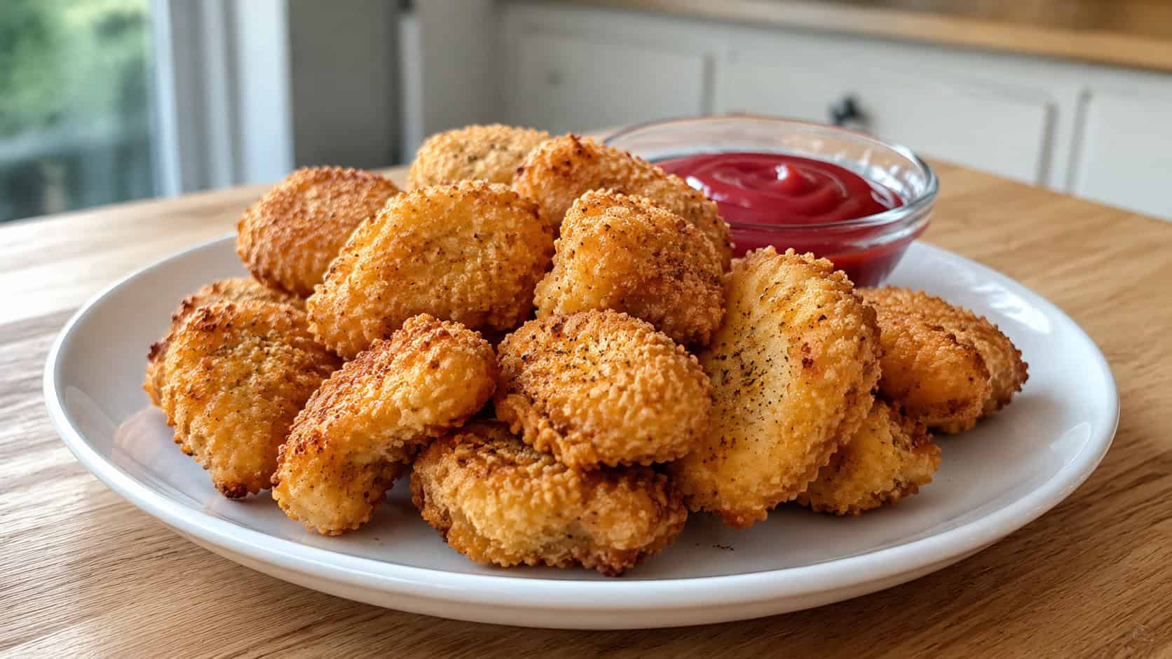 a pile of golden crispy baked chicken nuggets in a wide horizontal shot on a white plate with a small bowl of ketchup, on a light wood kitchen table, natural window light, shallow depth of field, landscape orientation