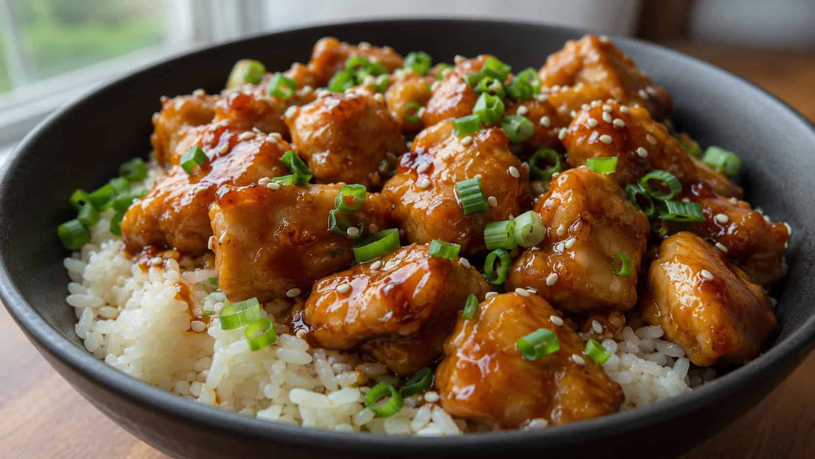 glossy teriyaki chicken nuggets in a wide horizontal shot over white rice with sesame seeds and green onion, on a dark bowl, soft natural light, shallow depth of field, landscape orientation