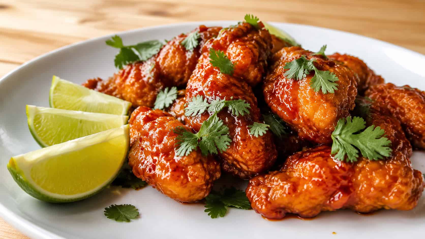 glossy sriracha lime chicken nuggets in a wide horizontal shot on a white plate with lime wedges and cilantro, on a light wood table, bright natural light, shallow depth of field, landscape orientation