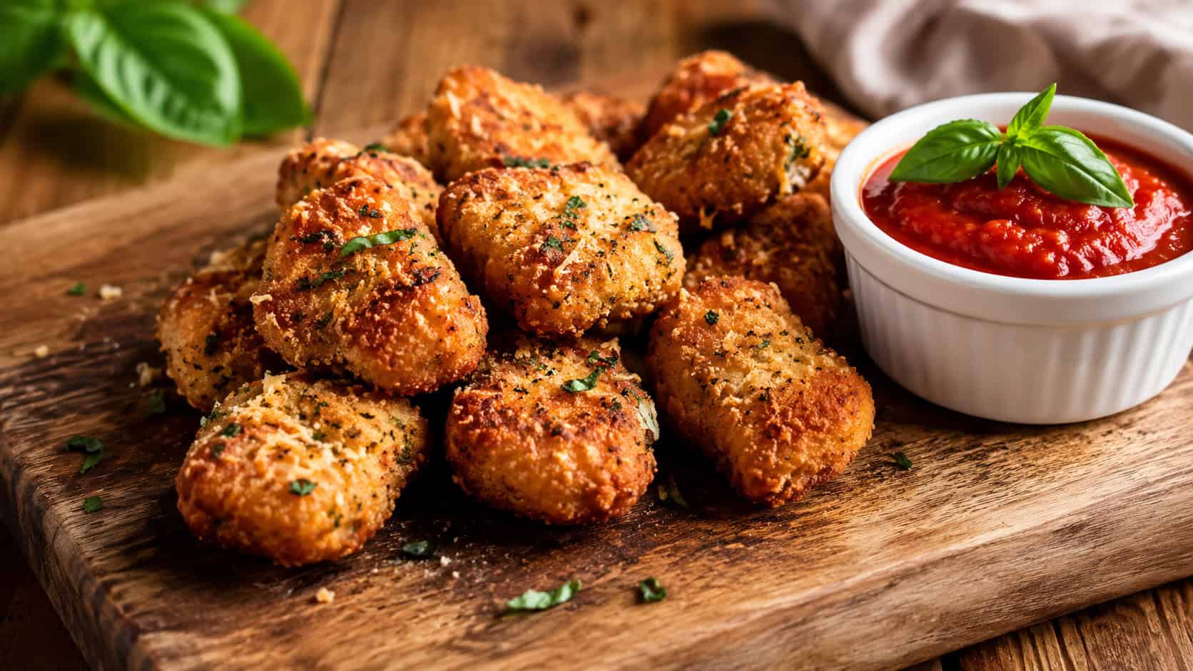 Italian-style chicken nuggets in a wide horizontal shot beside a ramekin of marinara with fresh basil, on a rustic wooden board, warm natural light, shallow depth of field, landscape orientation