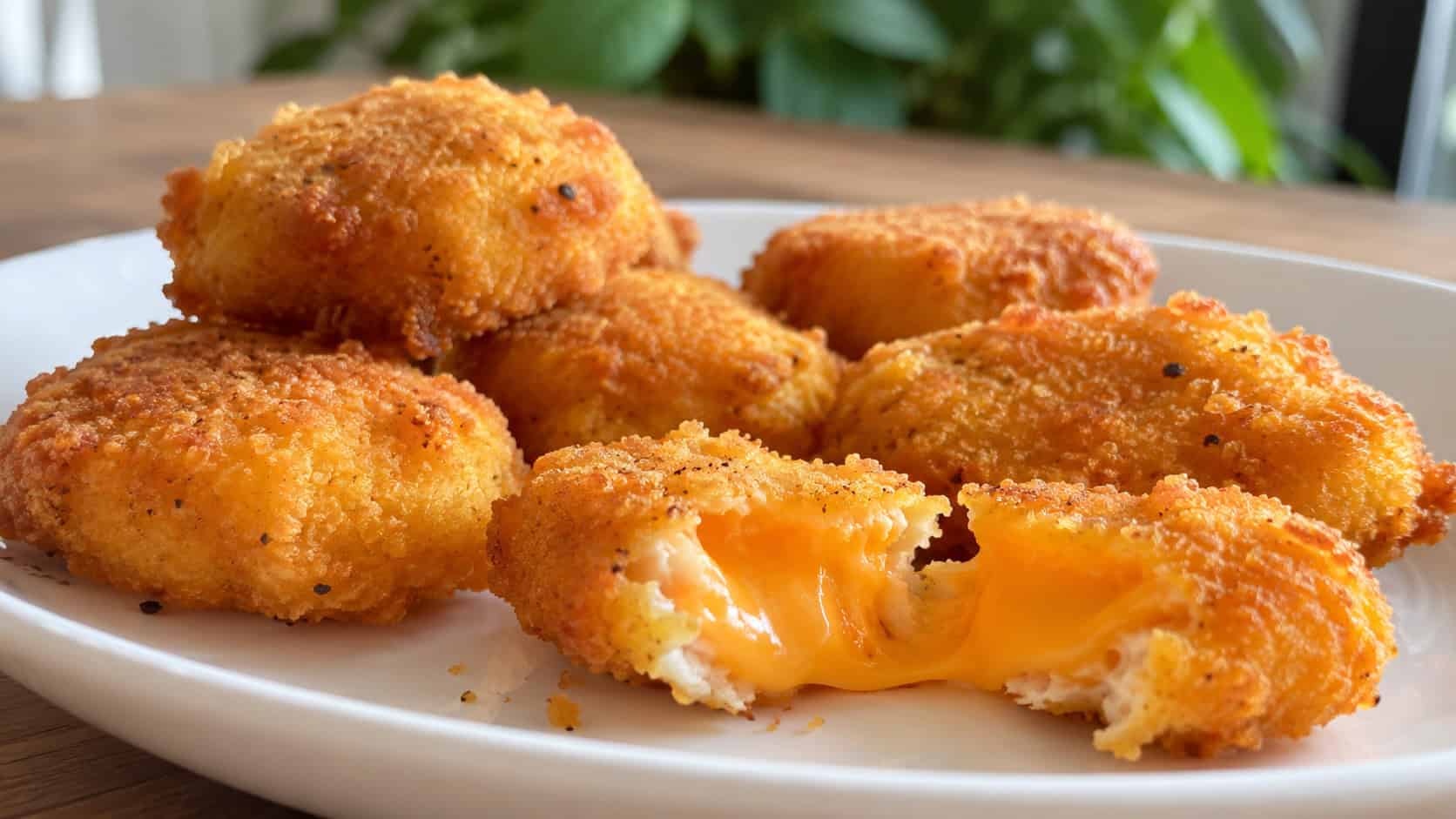 golden chicken nuggets in a wide horizontal shot with one broken open to show melty cheddar center, on a white plate, natural daylight, shallow depth of field, landscape orientation