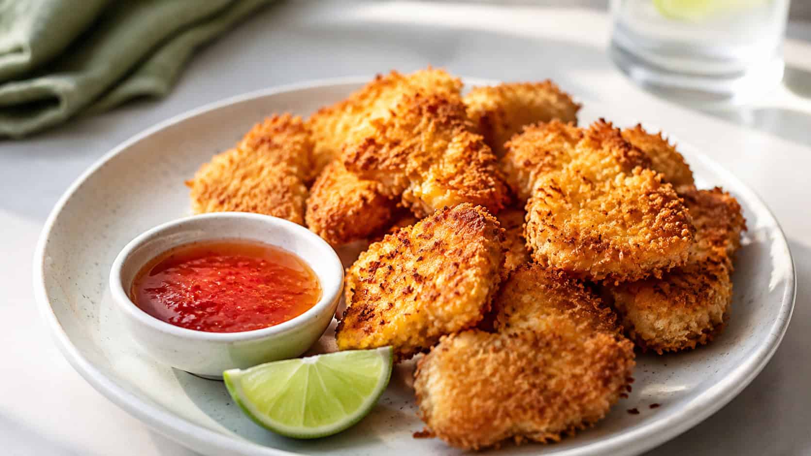 golden coconut-crusted chicken nuggets in a wide horizontal shot on a plate with sweet chili dipping sauce and lime, on a bright table, natural light, shallow depth of field, landscape orientation