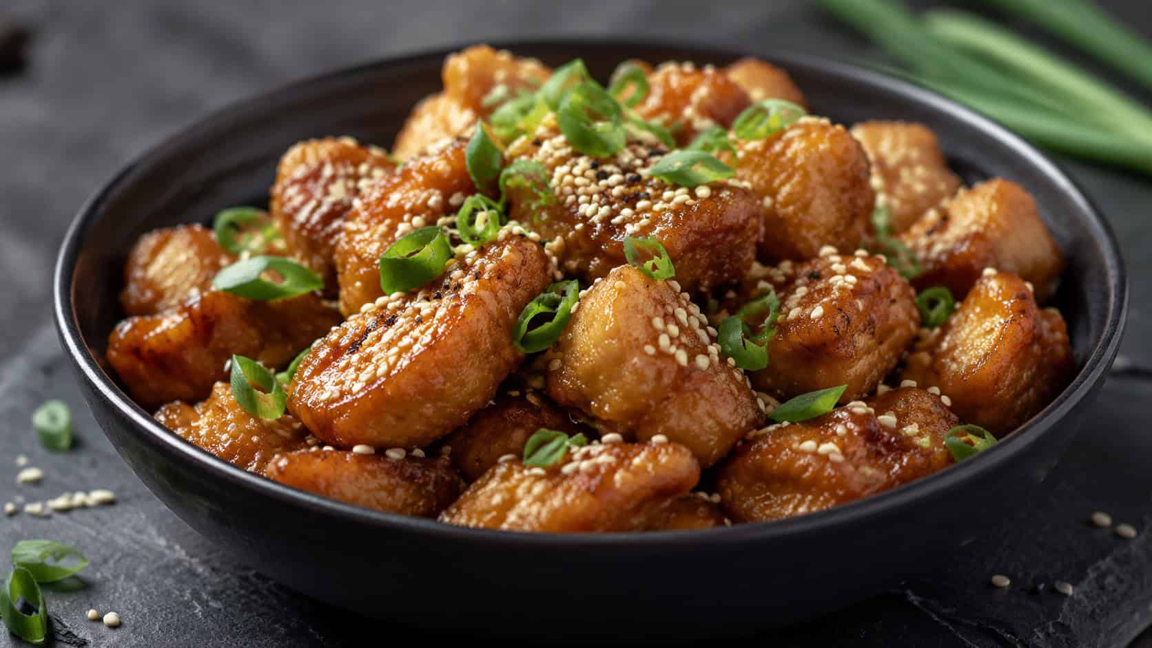 sesame ginger chicken nuggets in a wide horizontal shot in a dark bowl sprinkled with sesame seeds and scallions, on a slate surface, soft natural light, shallow depth of field, landscape orientation