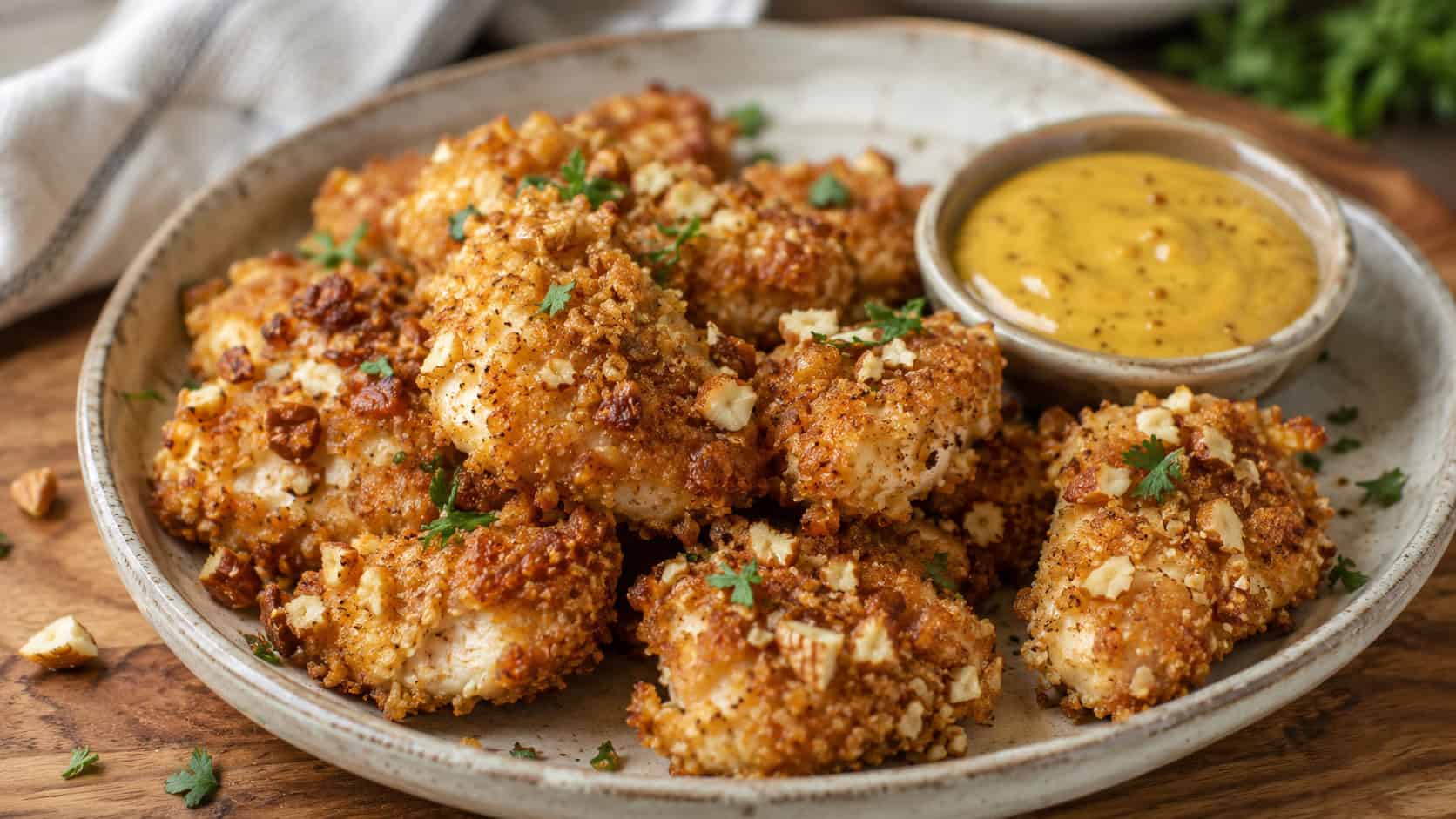 almond-crusted chicken nuggets in a wide horizontal shot on a rustic plate with a nutty golden crust and honey mustard dip, on a wooden board, natural light, shallow depth of field, landscape orientation