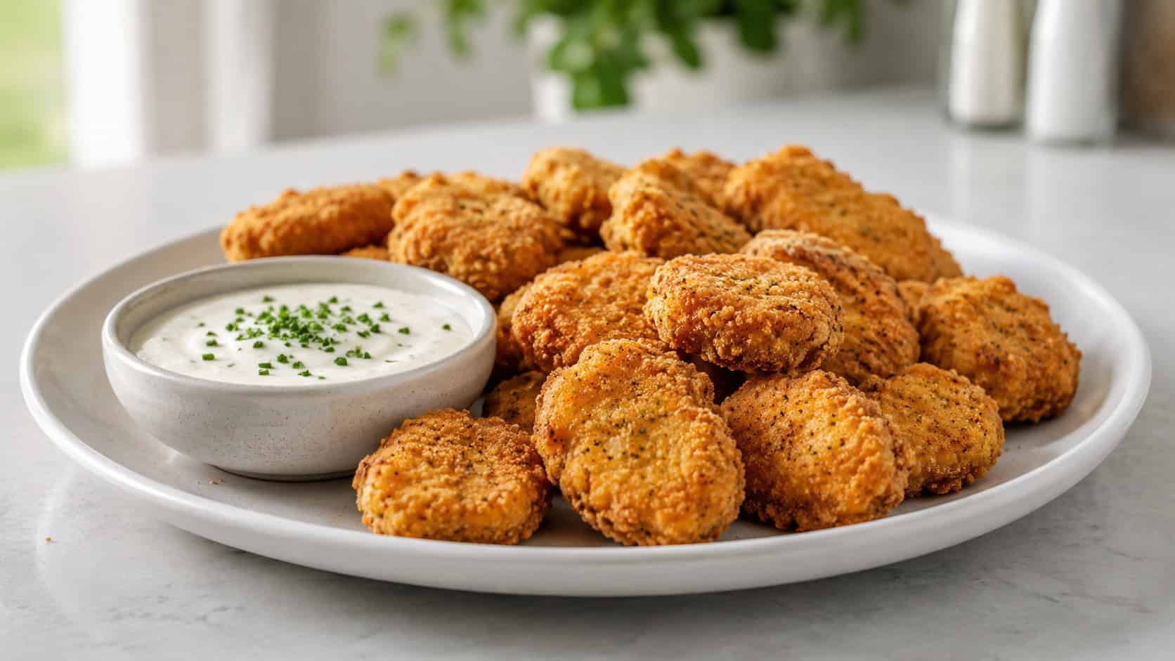 ranch-seasoned chicken nuggets in a wide horizontal shot on a white plate with a bowl of creamy ranch and chives, on a light counter, natural daylight, shallow depth of field, landscape orientation