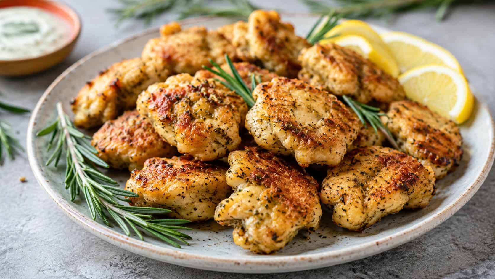 rosemary lemon chicken nuggets in a wide horizontal shot on a ceramic plate with rosemary sprigs and lemon wedges, on a stone surface, natural light, shallow depth of field, landscape orientation