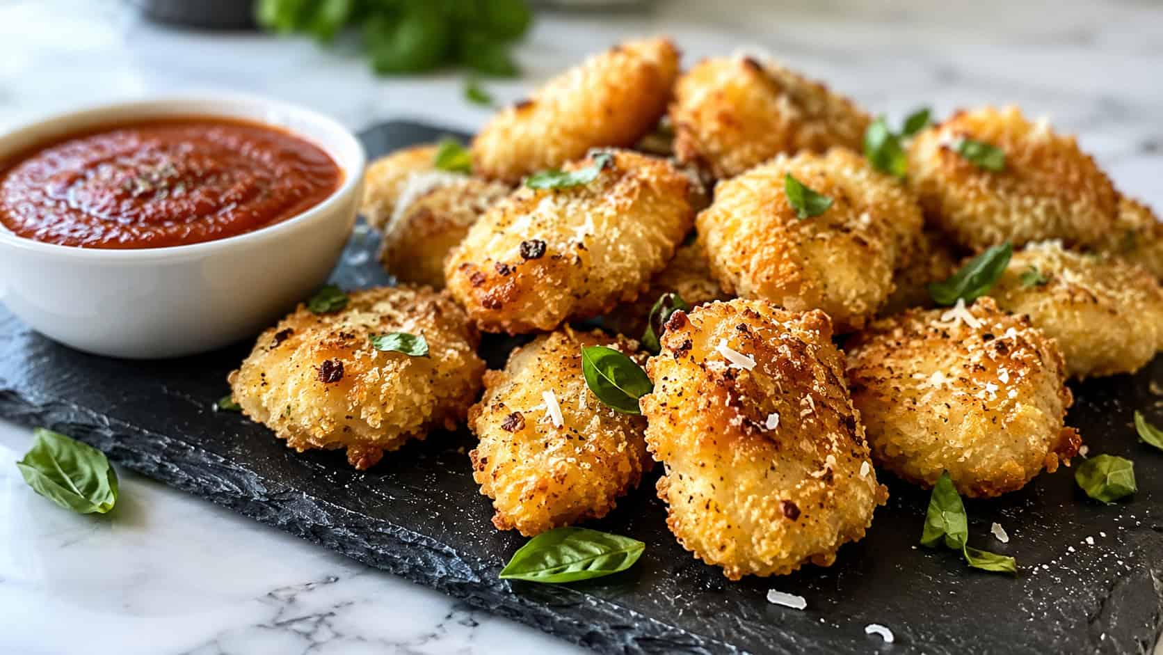 cheesy Parmesan-crusted chicken nuggets in a wide horizontal shot arranged on a dark slate board with marinara dip, scattered fresh basil, natural daylight, shallow depth of field, landscape orientation