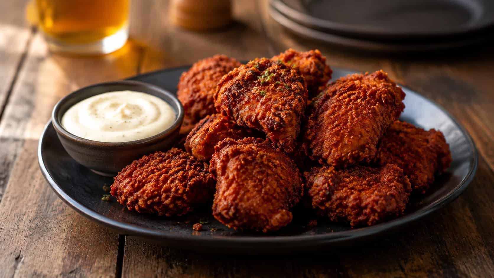 smoky paprika chicken nuggets in a wide horizontal shot with a deep reddish crust on a dark plate, small bowl of aioli, on a rustic table, warm natural light, shallow depth of field, landscape orientation
