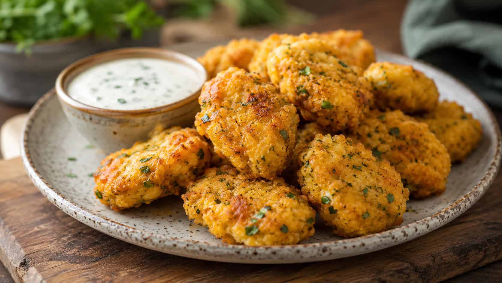 cheddar herb chicken nuggets in a wide horizontal shot on a rustic plate flecked with green herbs and golden cheese, small bowl of dip, on a wooden board, natural light, shallow depth of field, landscape orientation