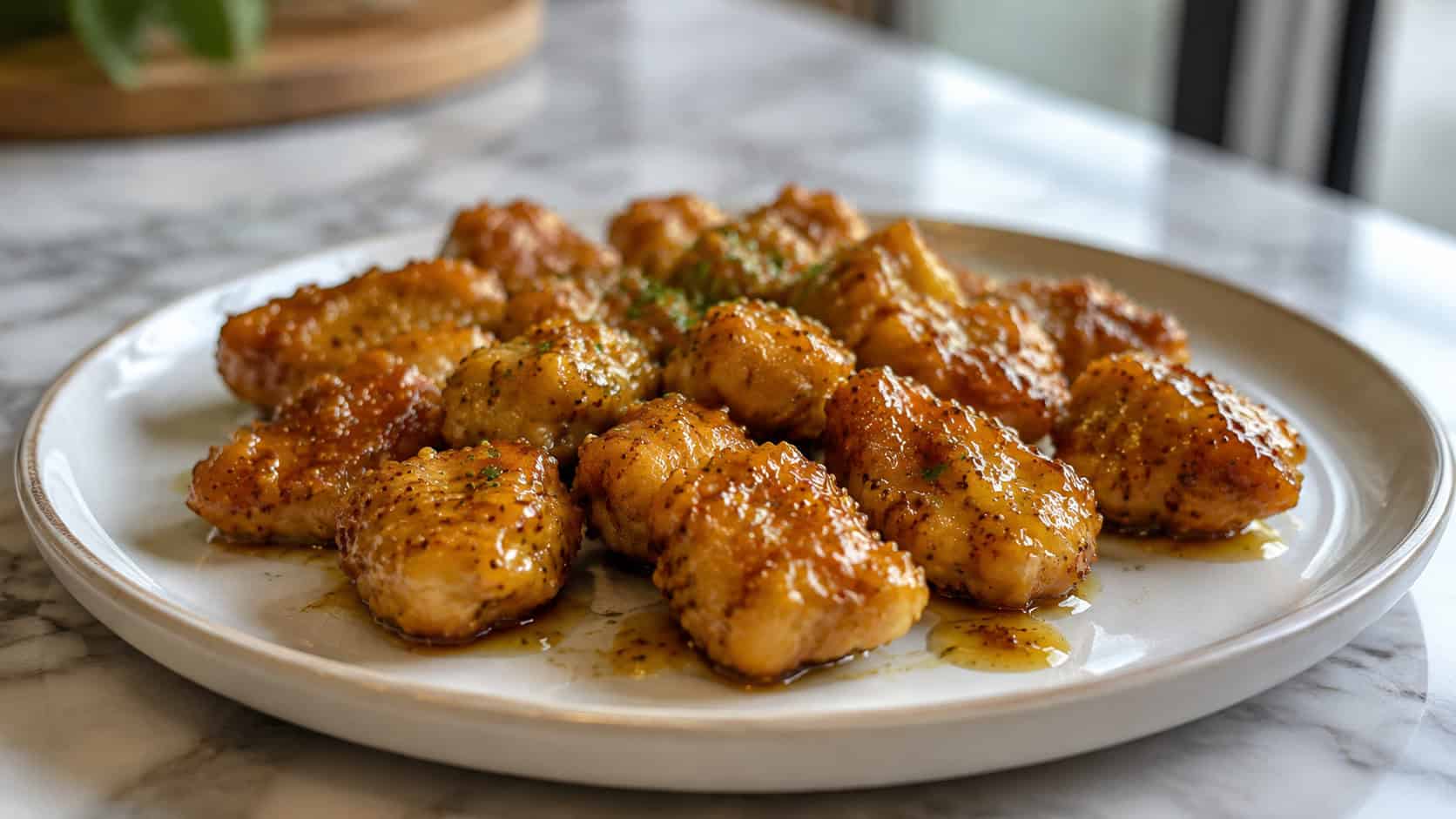 glossy honey mustard glazed chicken nuggets in a wide horizontal shot on a ceramic plate with a drizzle of golden sauce, on a marble counter, soft natural light, shallow depth of field, landscape orientation