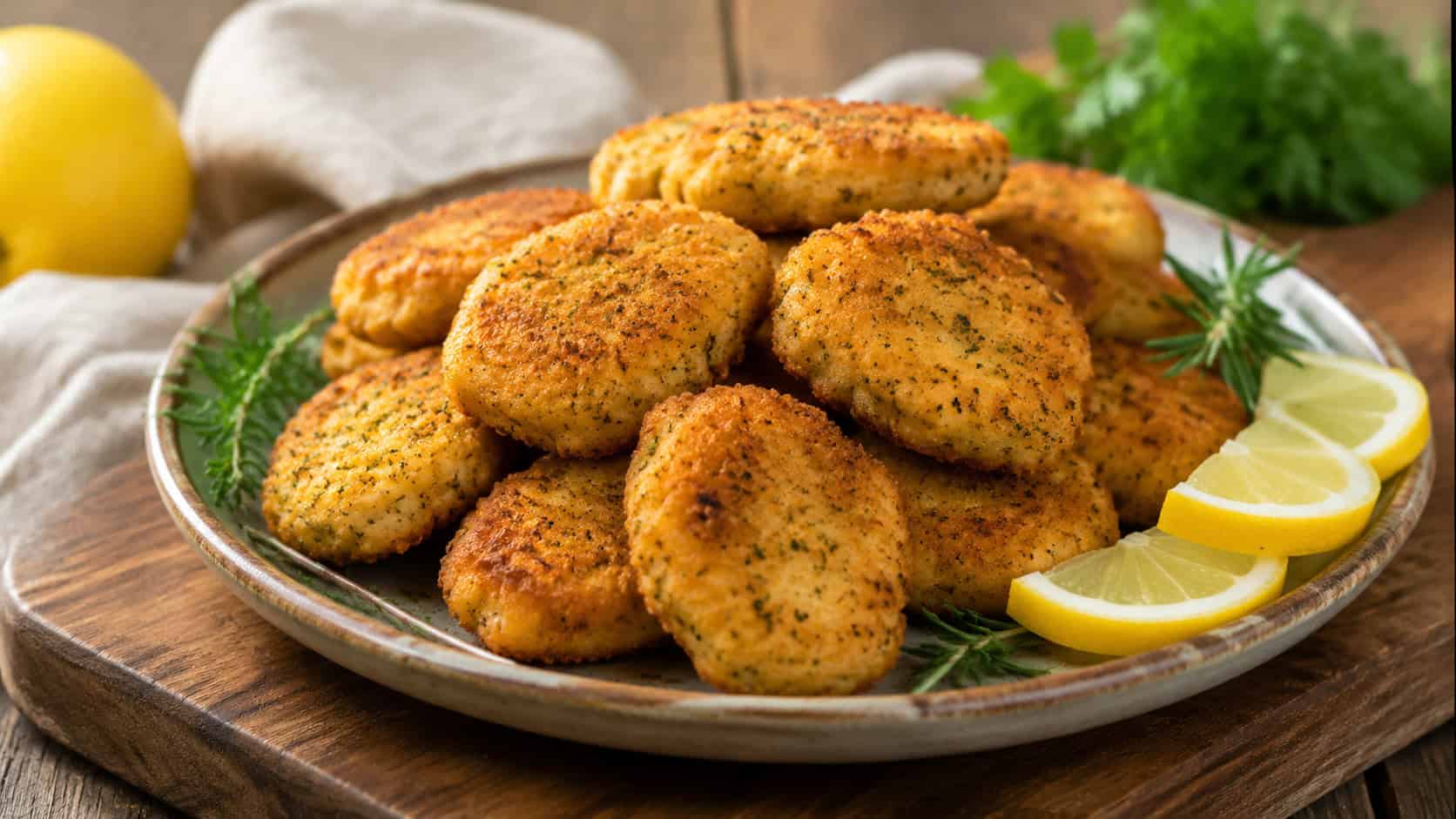 herb-flecked golden chicken nuggets in a wide horizontal shot on a rustic plate with lemon wedges and fresh herb sprigs, on a wooden board, natural light, shallow depth of field, landscape orientation