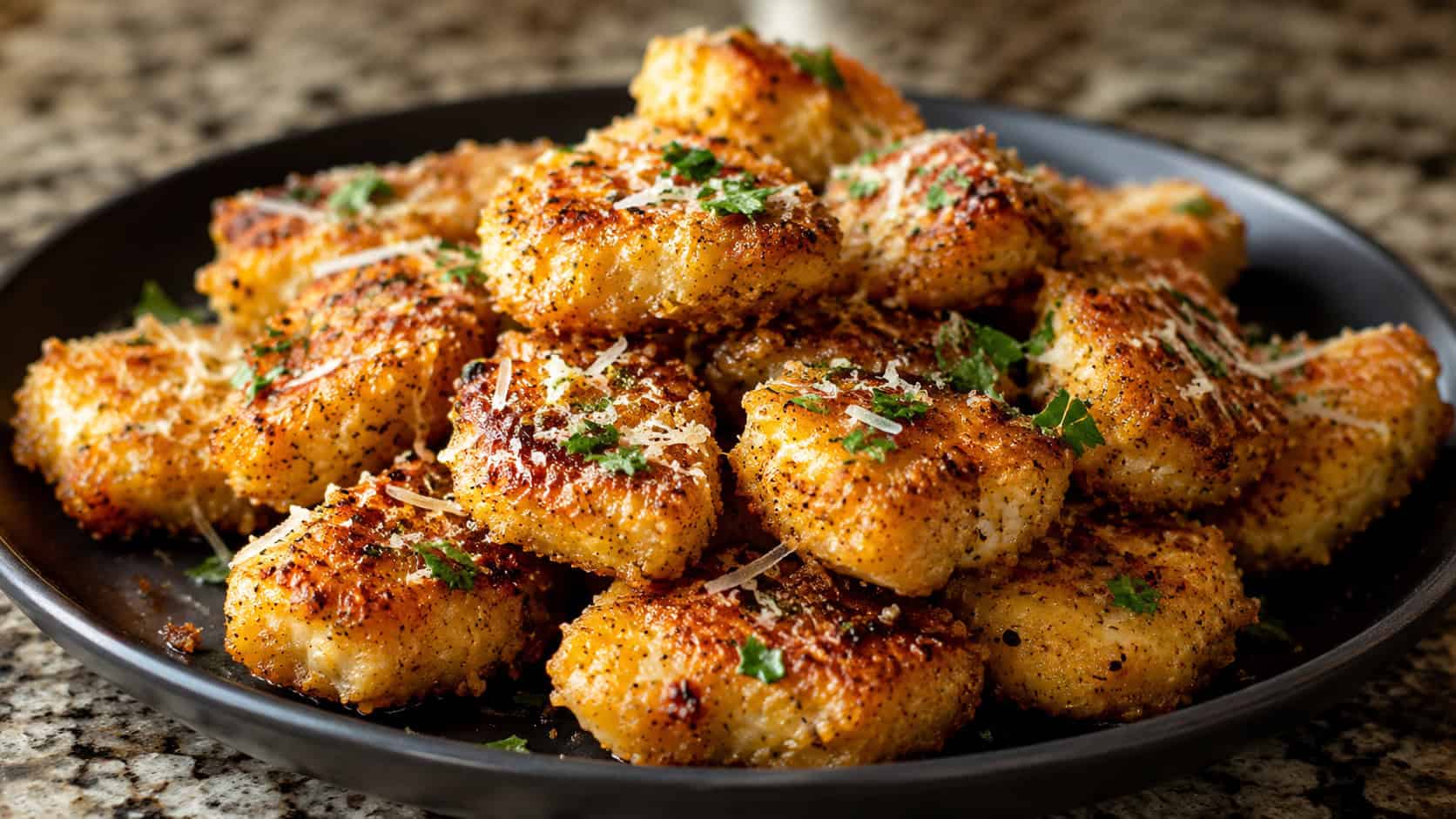 garlic Parmesan chicken nuggets in a wide horizontal shot glistening with butter and cheese on a dark plate, parsley garnish, on a stone counter, warm natural light, shallow depth of field, landscape orientation
