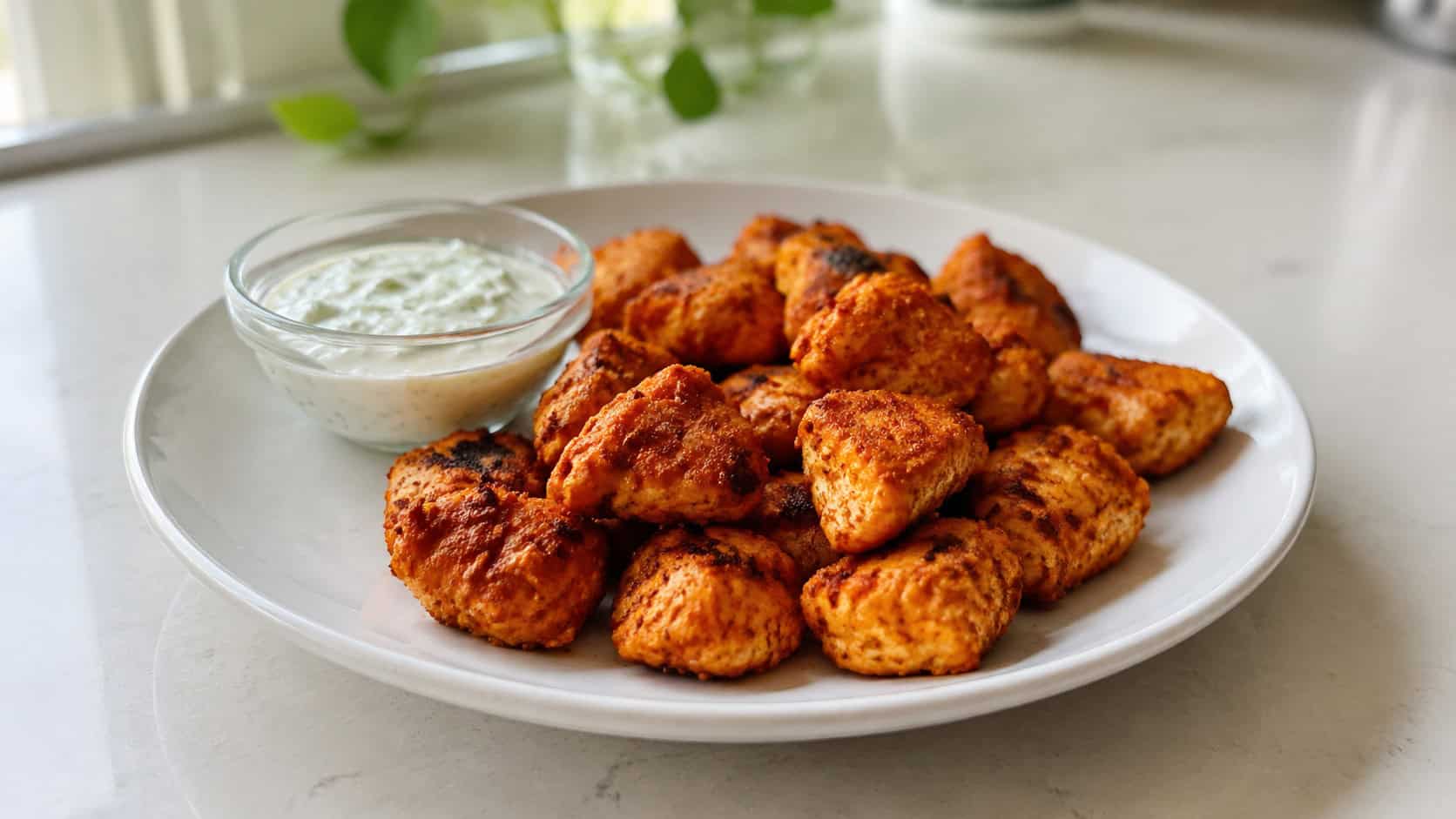 reddish-spiced baked chicken nuggets in a wide horizontal shot on a white plate with a small bowl of cooling yogurt dip, on a light counter, natural daylight, shallow depth of field, landscape orientation