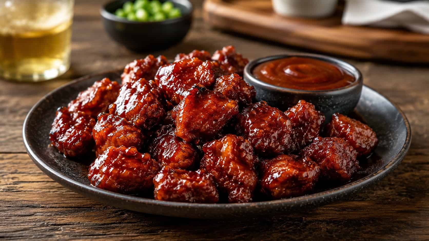 sticky BBQ glazed chicken nuggets in a wide horizontal shot on a dark plate with a glossy mahogany glaze, small bowl of barbecue sauce, on a rustic table, warm natural light, shallow depth of field, landscape orientation