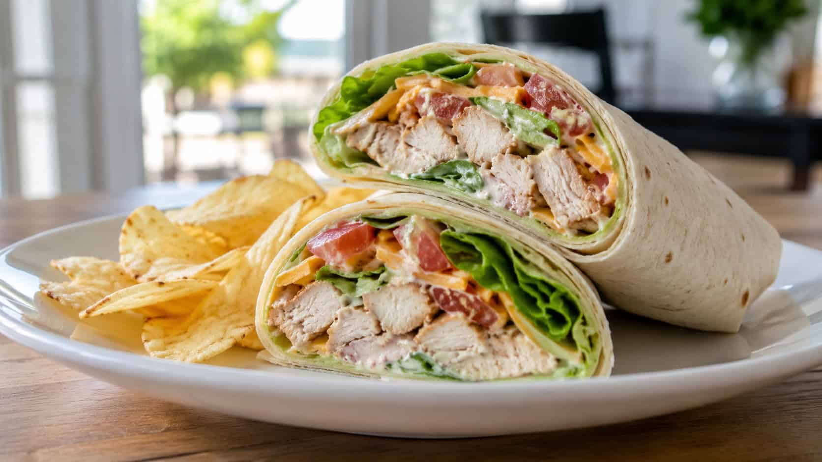 two chicken ranch wraps cut in half showing layers of lettuce, tomato, and cheese, arranged on a white plate with chips, wide horizontal shot, bright natural light, shallow depth of field, landscape orientation