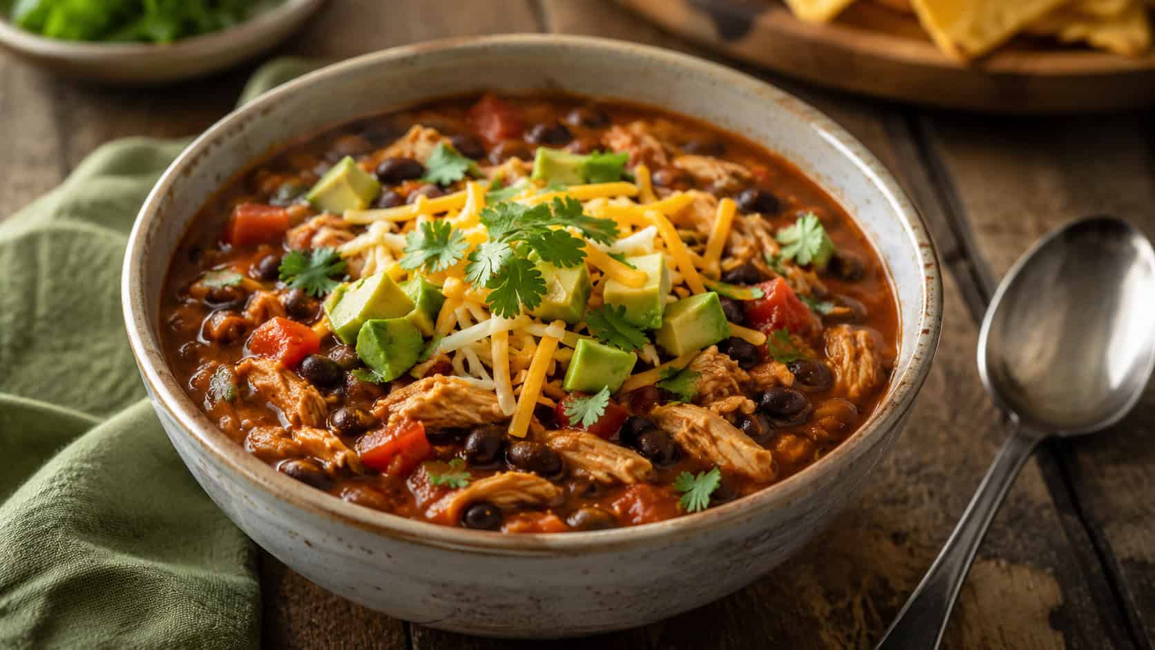 a hearty bowl of chicken and black bean chili topped with shredded cheese, avocado, and cilantro, beside a spoon on a rustic table, wide horizontal composition, warm natural light, shallow depth of field, landscape orientation