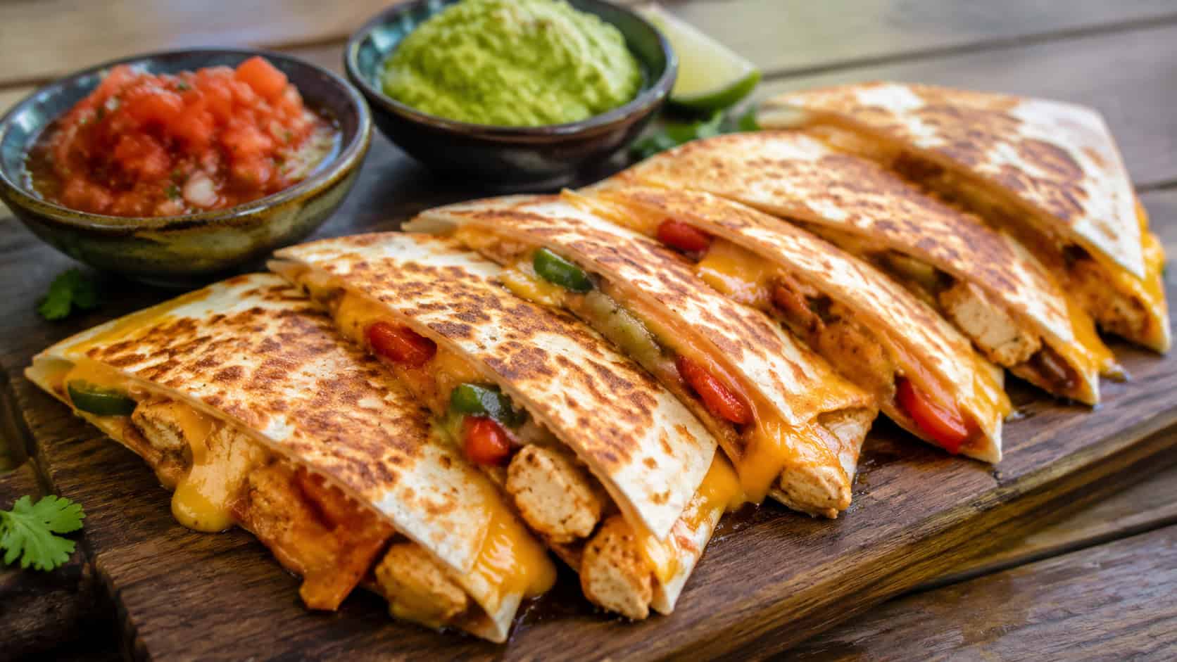 golden chicken fajita quesadilla wedges with melted cheese and peppers oozing out, fanned on a board with salsa and guacamole, wide horizontal shot, warm natural light, shallow depth of field, landscape orientation