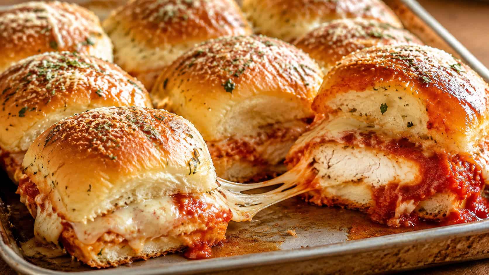 a tray of chicken parmesan sliders with melty cheese and marinara, buttery golden tops sprinkled with herbs, one pulled apart to show cheese, wide horizontal composition, warm natural light, shallow depth of field, landscape orientation