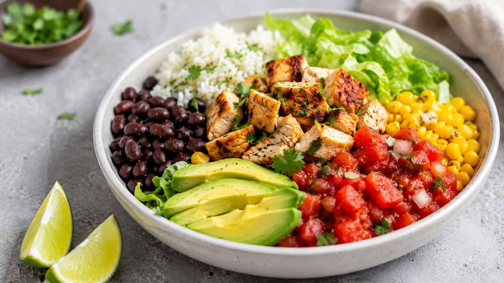 a colorful chicken burrito bowl with rice, beans, corn, salsa, and avocado arranged in sections, on a concrete surface with lime wedges, wide horizontal shot, bright natural light, shallow depth of field, landscape orientation