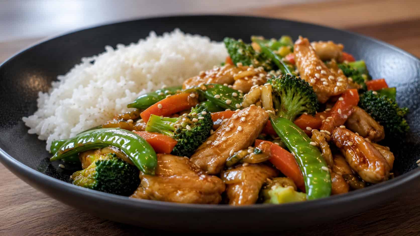 a glossy chicken and vegetable stir fry in a wok with broccoli, carrots, and snap peas, served beside white rice, garnished with sesame seeds, wide horizontal composition, natural light, shallow depth of field, landscape orientation
