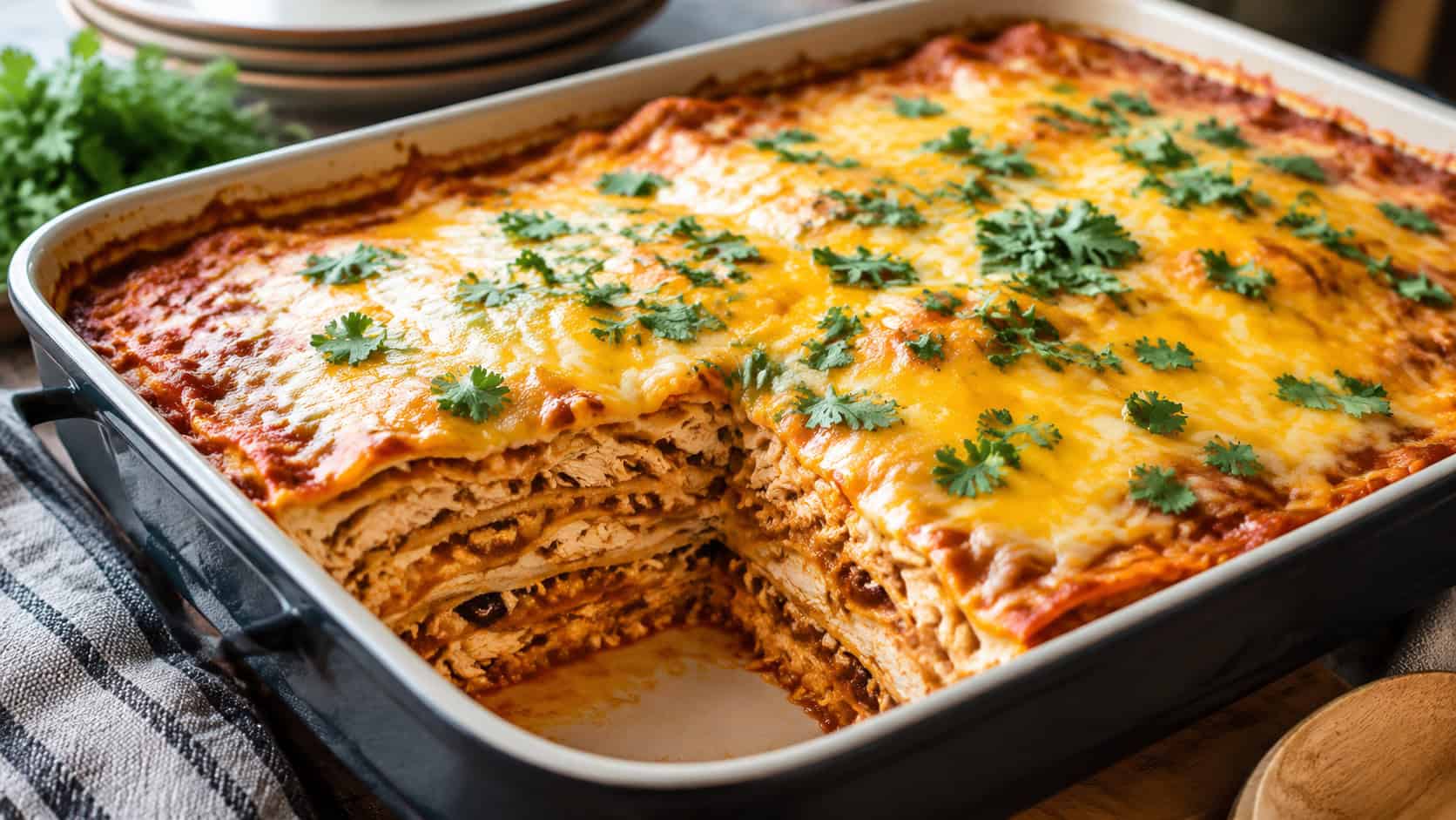 a layered chicken tortilla casserole with melted cheese and red sauce, one scoop removed to show the layers, garnished with cilantro, in a baking dish, wide horizontal shot, warm natural light, shallow depth of field, landscape orientation