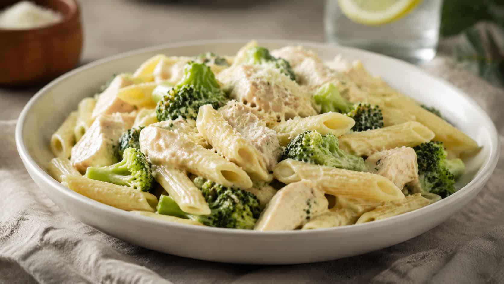 creamy chicken broccoli Alfredo penne in a wide shallow bowl, bright green broccoli throughout, dusted with parmesan, on a linen napkin, wide horizontal composition, soft natural light, shallow depth of field, landscape orientation
