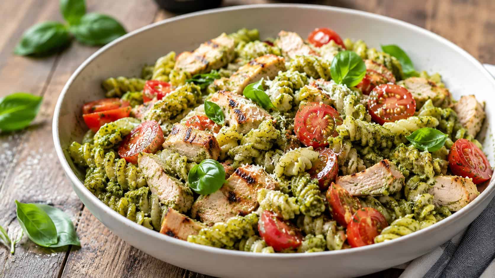 vibrant green pesto rotini with chicken and halved cherry tomatoes in a wide bowl, dusted with parmesan and basil leaves, on a rustic table, wide horizontal shot, bright natural light, shallow depth of field, landscape orientation