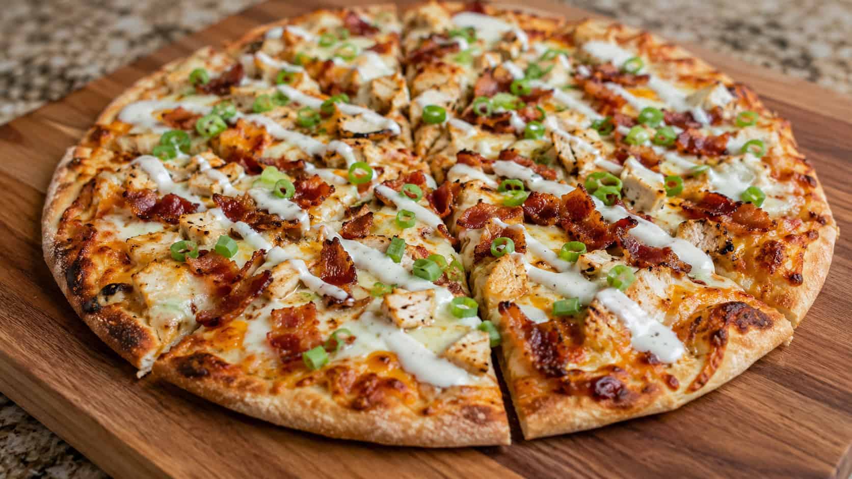 a chicken bacon ranch pizza with melted cheese, crispy bacon, and green onion, sliced on a wooden board, ranch drizzle on top, wide horizontal shot, warm natural light, shallow depth of field, landscape orientation