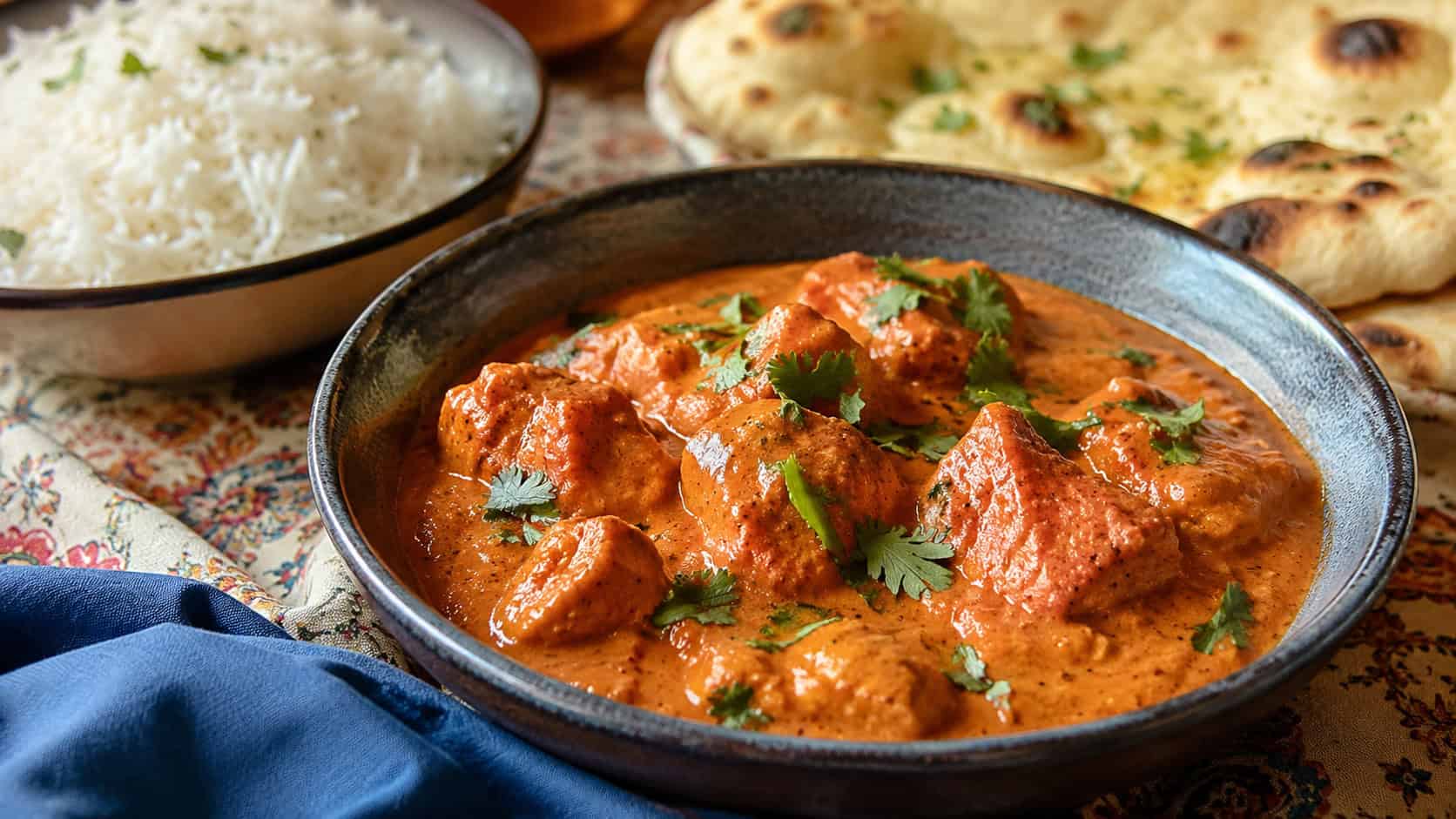 creamy orange chicken tikka masala in a bowl garnished with cilantro, served with basmati rice and naan, on a patterned cloth, wide horizontal composition, warm natural light, shallow depth of field, landscape orientation