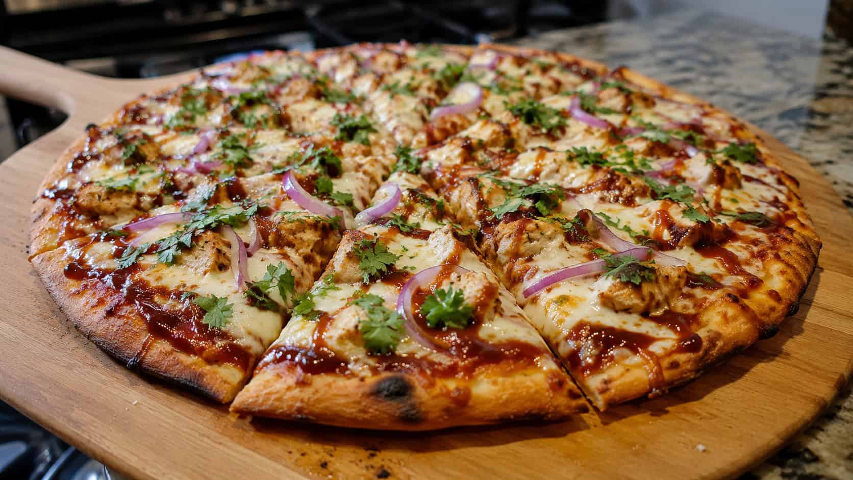 a barbecue chicken pizza fresh from the oven with melted mozzarella, red onion, and cilantro, sliced on a wooden pizza peel, wide horizontal shot, warm natural light, shallow depth of field, landscape orientation