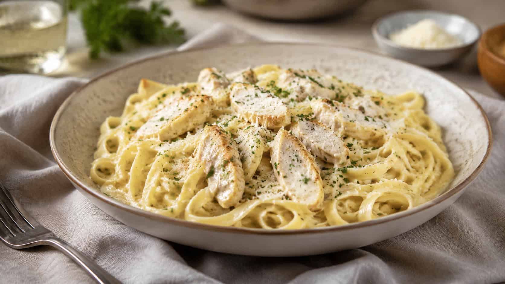 creamy chicken Alfredo fettuccine twirled in a wide shallow bowl, dusted with parmesan and parsley, on a linen-draped table, wide horizontal composition, soft natural light, shallow depth of field, landscape orientation