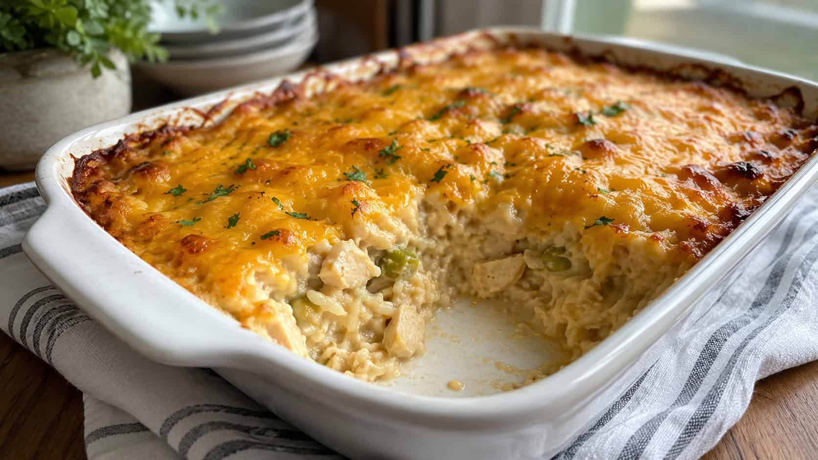 a bubbling chicken and rice casserole with melted cheddar on top, one scoop removed to show the creamy interior, in a white baking dish on a kitchen towel, wide horizontal shot, natural light, shallow depth of field, landscape orientation