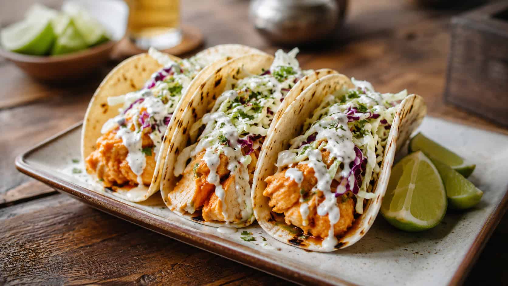three buffalo chicken tacos lined up on a plate with shredded cabbage and ranch drizzle, lime wedges alongside, on a rustic table, wide horizontal composition, warm natural light, shallow depth of field, landscape orientation