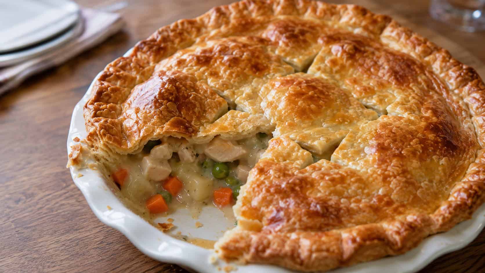 a golden flaky chicken pot pie with a vented crust, one slice removed to reveal the creamy vegetable filling, in a round dish on a wooden table, wide horizontal shot, warm natural light, shallow depth of field, landscape orientation