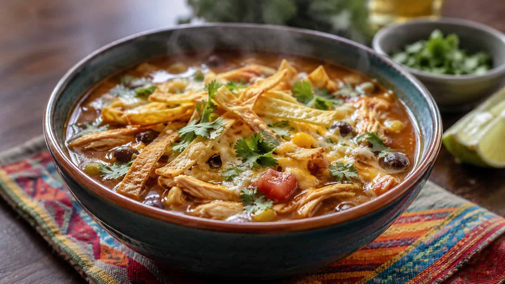 a steaming bowl of chicken enchilada soup topped with melted cheese, crispy tortilla strips, and cilantro, on a colorful napkin, wide horizontal composition, natural light, shallow depth of field, landscape orientation