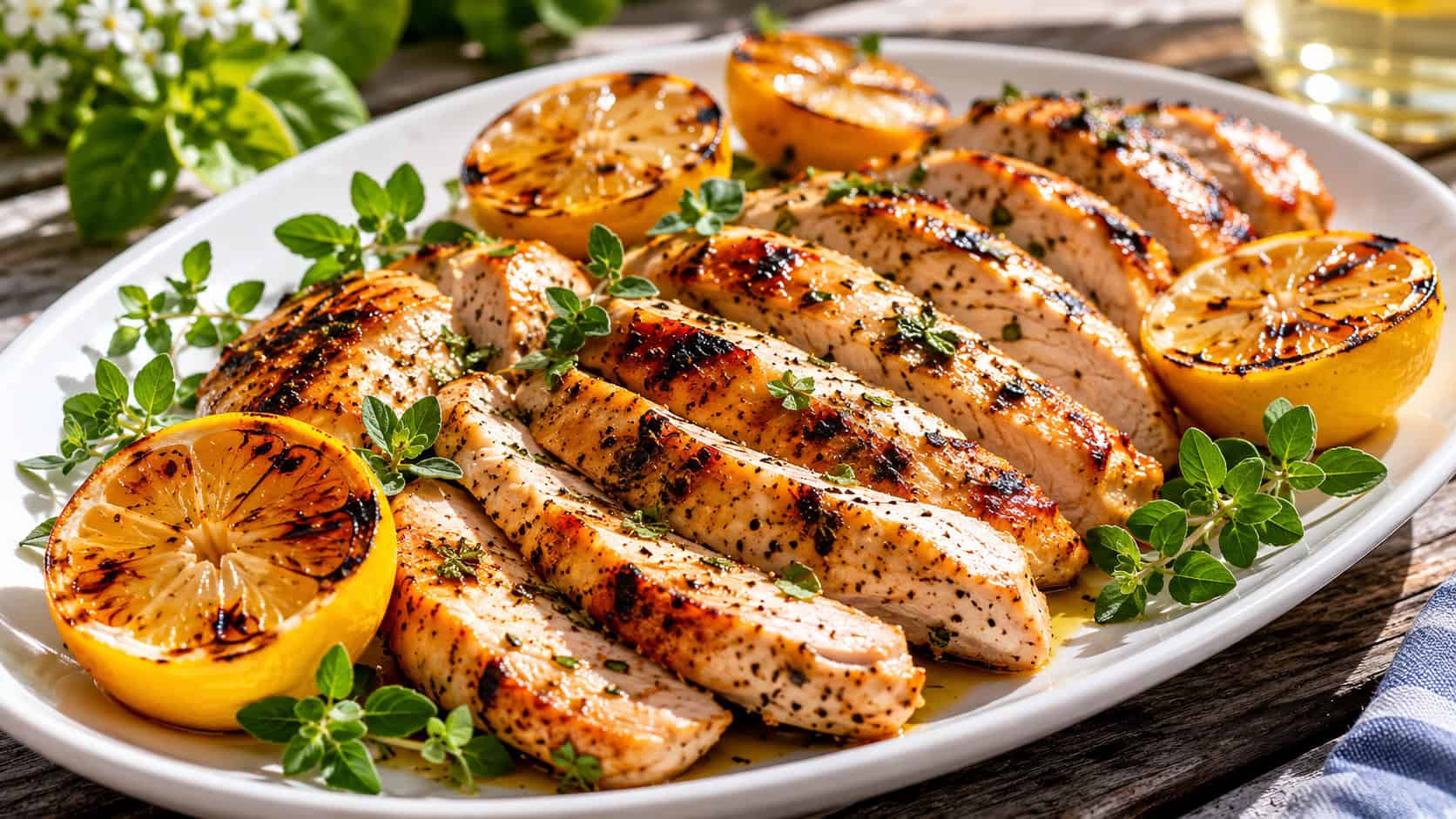 sliced grilled lemon herb chicken breasts fanned across a white platter with charred lemon halves and fresh oregano sprigs, on a sunlit outdoor wooden table, natural light, shallow depth of field, wide horizontal landscape composition