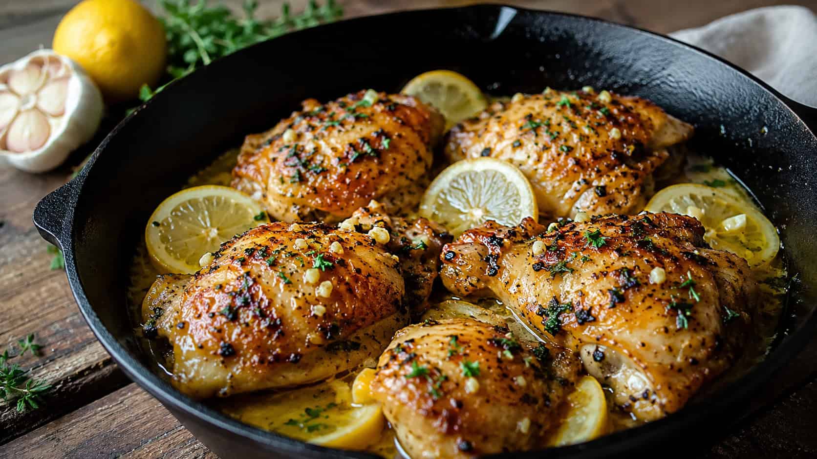 glossy lemon garlic chicken thighs in a cast iron skillet with a buttery sauce and lemon slices, on a rustic kitchen counter, natural light, shallow depth of field, wide horizontal landscape composition