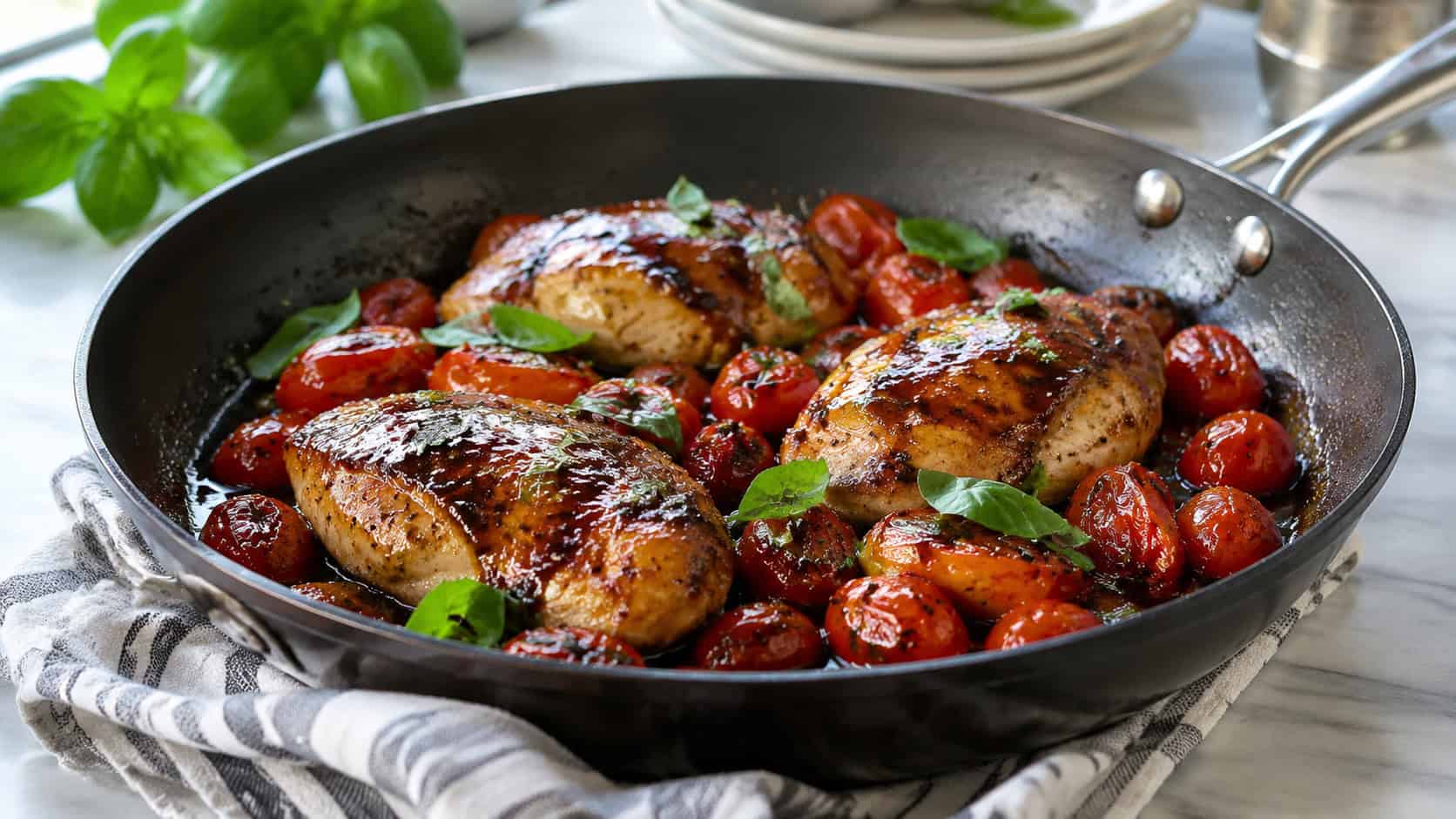 glossy balsamic chicken breasts with blistered cherry tomatoes and fresh basil in a skillet, on a bright kitchen table, natural light, shallow depth of field, wide horizontal landscape composition