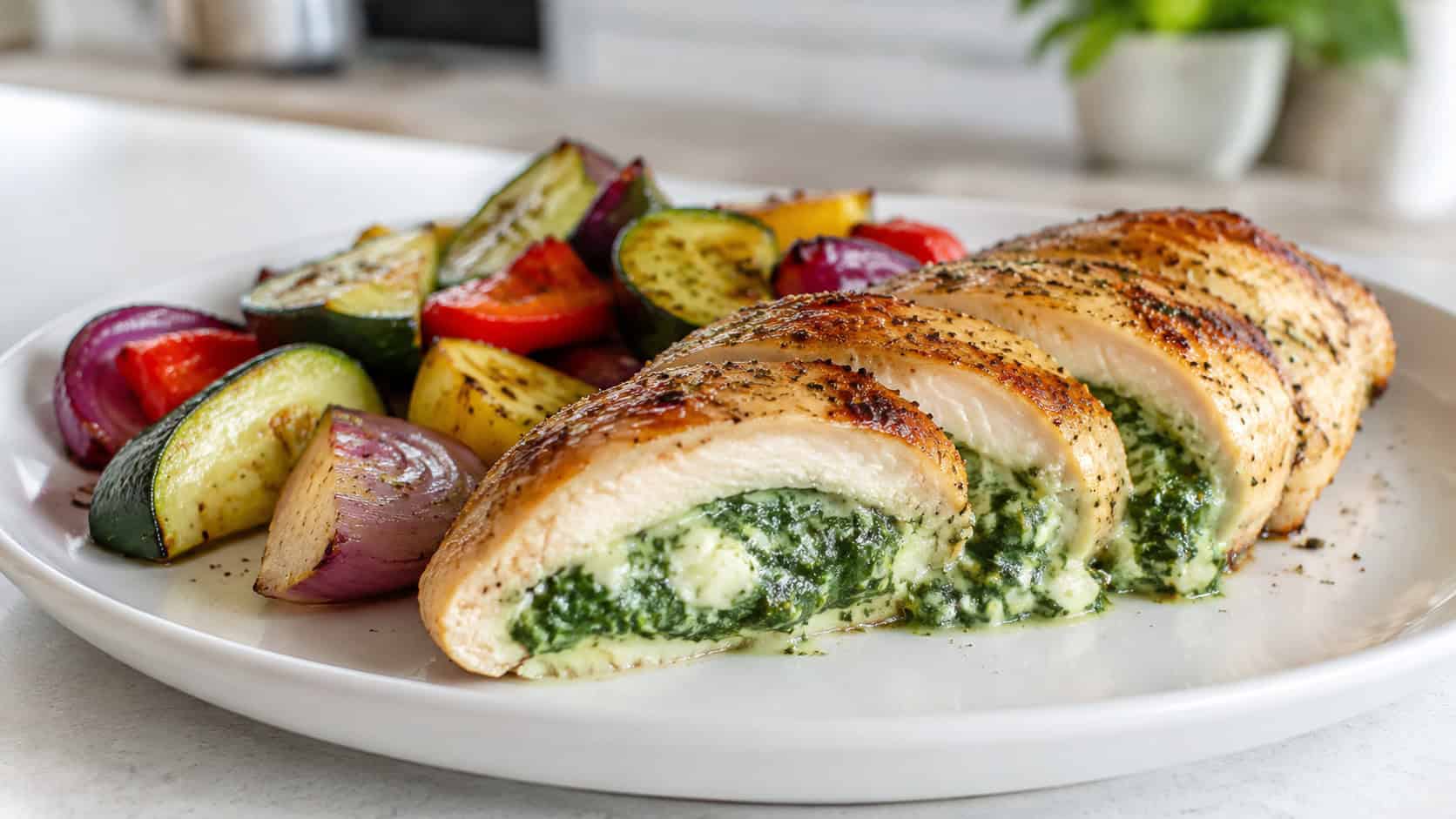 sliced spinach and feta stuffed chicken with a creamy green center on a white plate beside roasted vegetables, on a bright counter, natural light, shallow depth of field, wide horizontal landscape composition
